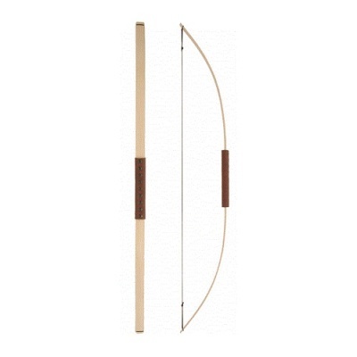 Arco e flecha de madeira com corda preta e empunhadura castanha