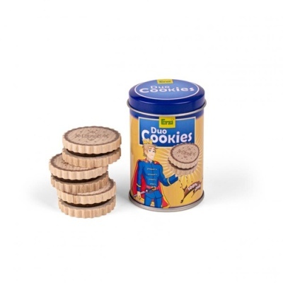 Lata azul amarela com desenho de super-herói e bolachas Duo Cookies.