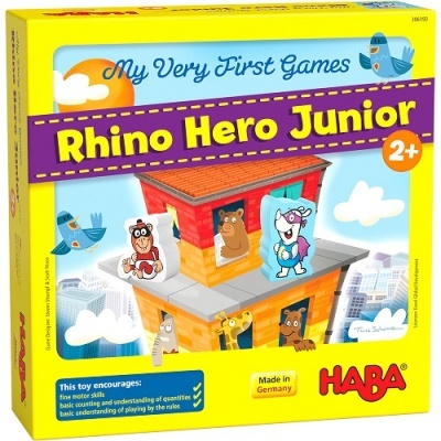 Embalagem de jogo infantil Rhino Hero Junior da HABA com ilustração de edifício e animais coloridos