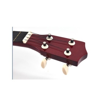 Cabeça de ukulele em madeira castanha com cordas pretas e tarraxas prateadas