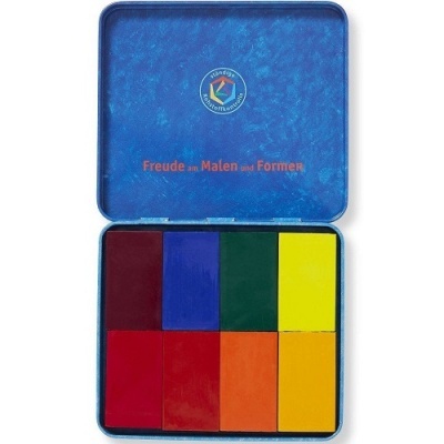 Estojo metálico azul com blocos de tinta sólida colorida