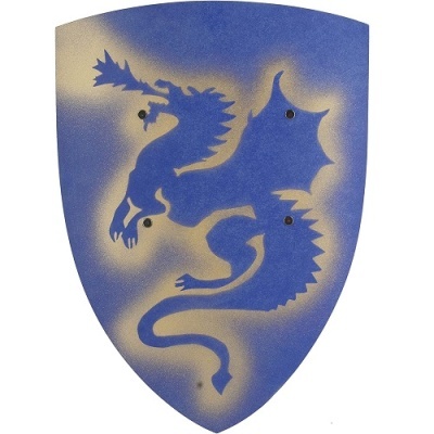 Escudo medieval azul com desenho de dragão
