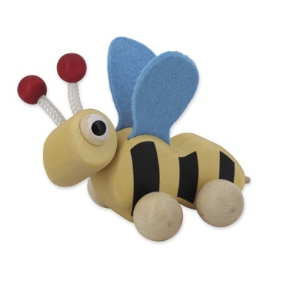 Brinquedo de madeira em forma de abelha com asas azuis e antenas vermelhas