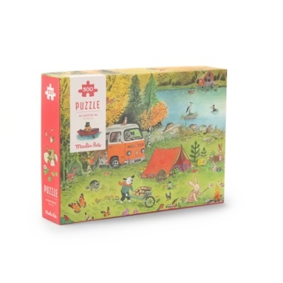 Caixa de puzzle 500 peças Moulin Roty com imagem de acampamento e natureza