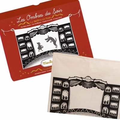 Dois panos de cozinha com design teatral em vermelho e branco.