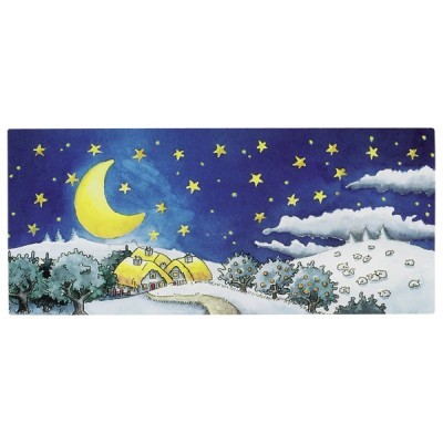 Ilustração de paisagem nocturna com lua, estrelas, casas amarelas, árvores e ovelhas num campo nevado