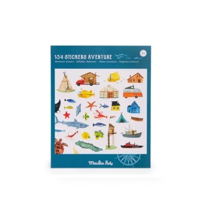 Folha de autocolantes coloridos com tema de aventura em embalagem azul