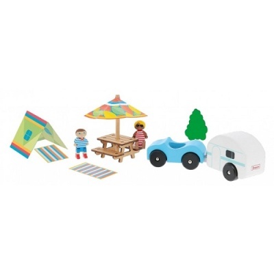 Brinquedos de madeira de acampamento com tenda, mesa, figuras, carro e caravana