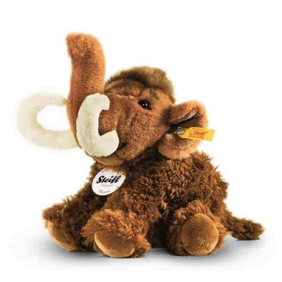 Pelúcia mamute castanho com presas brancas e etiquetas Steiff