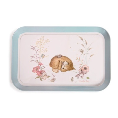 Tabuleiro com borda azul e ilustração de gato com flores