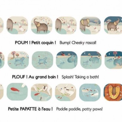 Ilustrações infantis de animais e rios com texto em francês