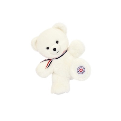 Urso de peluche branco com laço tricolor e emblema PEPSI COLA na pata
