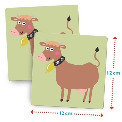 Cartões quadrados verdes com desenho de vaca marrom e coleira