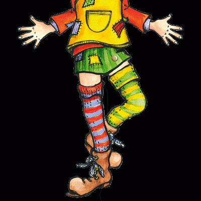 Desenho colorido de menina com roupas coloridas e macaquinho pendurado