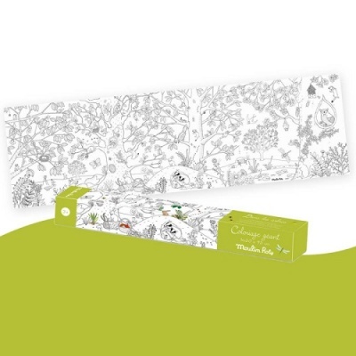Rolo de papel para colorir Moulin Roty com desenhos de animais e plantas e embalagem verde claro