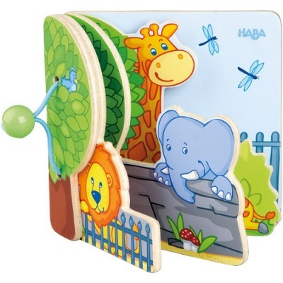 Livro infantil em madeira com ilustrações de animais e cores vivas.