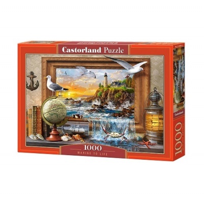 Caixa de quebra-cabeças Castorland Puzzle com 1000 peças mostrando cena costeira com farol e elementos náuticos