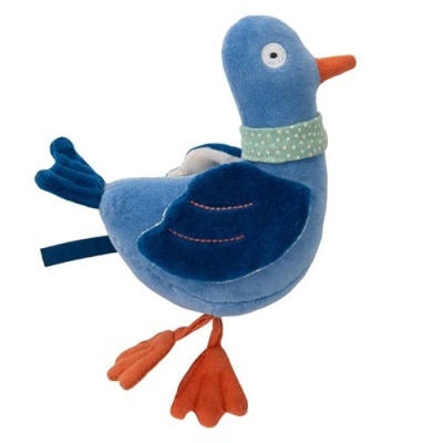 Brinquedo peluche pato azul com bico e pés laranja