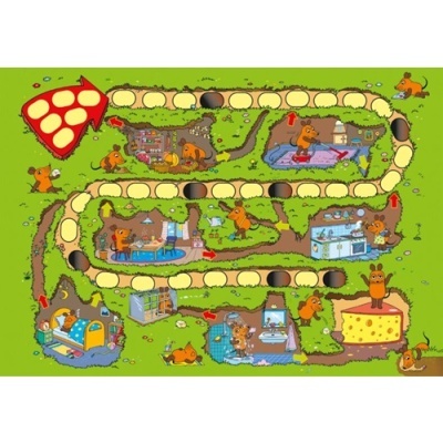 Tabuleiro de jogo com percurso e ilustrações de ratos em várias atividades