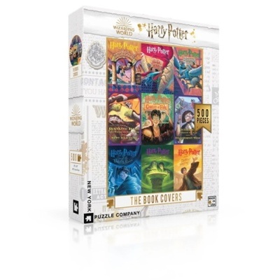 Puzzle Harry Potter 500 peças com capas de livros coloridas e embalagem branca com texto dourado
