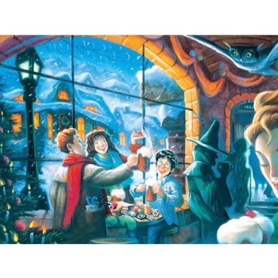 Cena festiva de inverno com personagens animados e ambiente acolhedor sob janelas arqueadas com neve do lado de fora