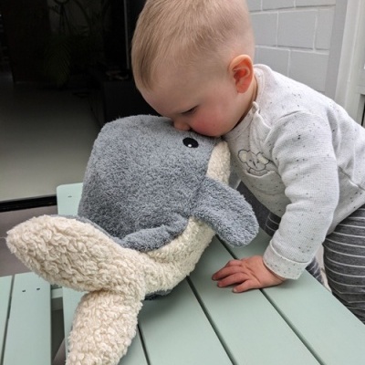 Criança loira a beijar boneco de peluche golfinho cinzento e bege numa mesa verde-água