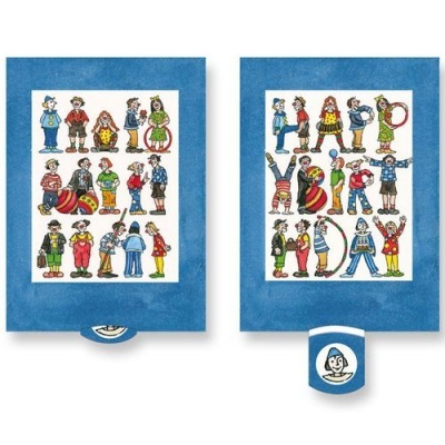 Dois puzzles com personagens coloridos em molduras azuis e logótipo branco e azul