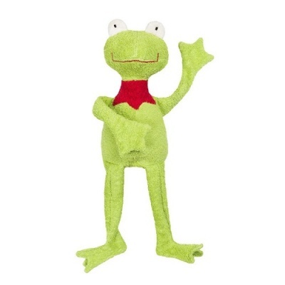 Boneco de peluche rã verde claro com olhos brancos e detalhe vermelho no pescoço