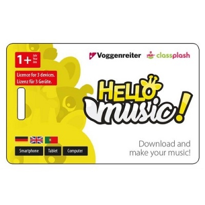 Cartão com texto Hello music e indicação de licença para 3 dispositivos