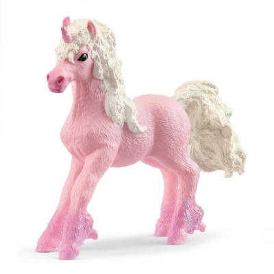 Estatueta de cavalo rosa com crina e cauda brancas e glitter lilás nas patas