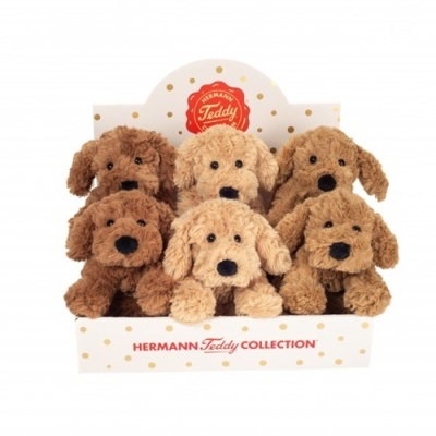 Seis peluches de cão castanhos na caixa branca HERMANN Teddy COLLECTION