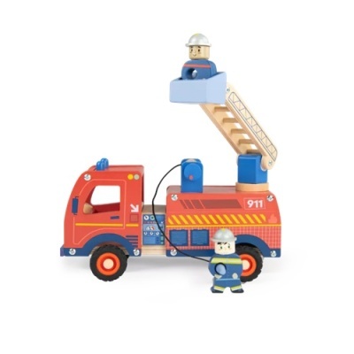 Camião de madeira de bombeiros com escada e figuras de bombeiros