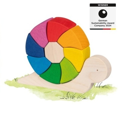 Brinquedo de madeira colorido em forma de caracol com selo de prémio de sustentabilidade