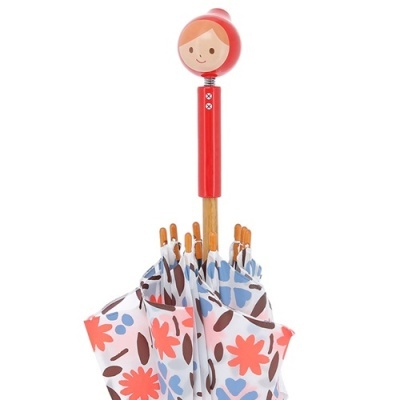 Guarda-chuva com cabo vermelho com cabeça sorridente e tecido floral colorido