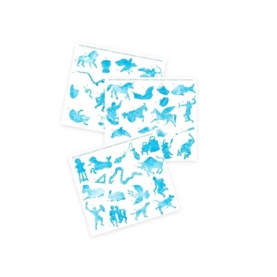 Folhas brancas com ilustrações azuis de constelações e texto LES CONSTELLATIONS