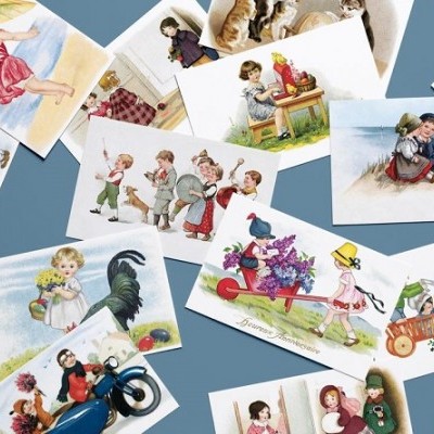 Cartões ilustrados vintage com crianças e texto Pâques Joyeuses