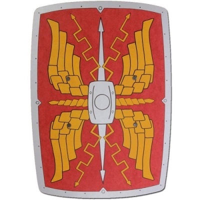 Escudo romano vermelho com asas douradas e raios amarelos.