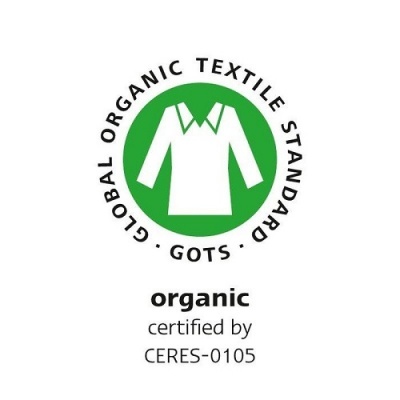 Etiqueta GOTS com camisa branca em círculo verde e texto de certificação