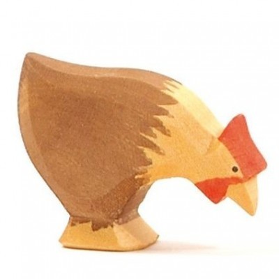 Figura decorativa em madeira de galinha castanha e vermelha