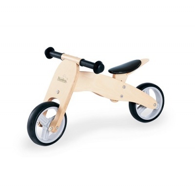 Bicicleta infantil de equilíbrio em madeira clara com assento e guiador pretos