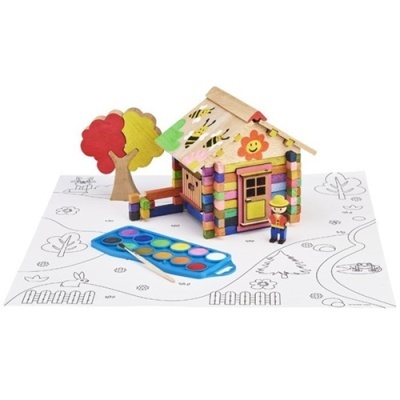 Casa de madeira colorida com figura, árvore e paleta de tintas aquarela sobre papel para colorir