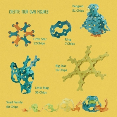 Figuras criativas feitas com peças plásticas coloridas interligadas, com descrições de nomes e quantidades de peças.