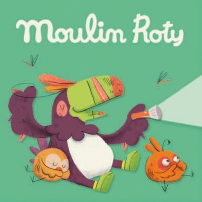 Ilustração colorida de tucano e pássaros com texto Moulin Roty