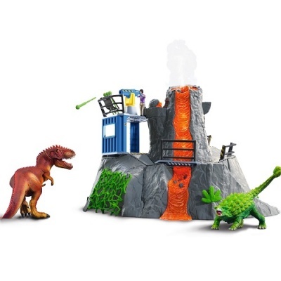 Brinquedo de dinossauros com vulcão e canhão disparador