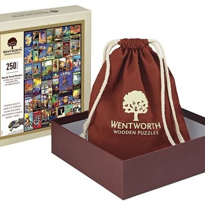 Caixa de puzzle com saco de tecido castanho e caixa de puzzle Wentworth