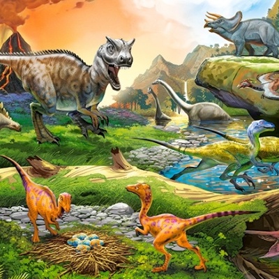 Ilustração colorida de dinossauros em ambiente pré-histórico