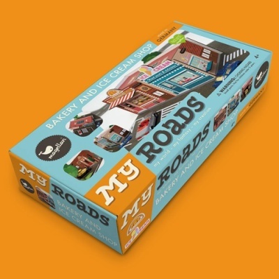 Caixa de brinquedo MY ROADS BAKERY AND ICE CREAM SHOP com ilustrações de carros e prédios