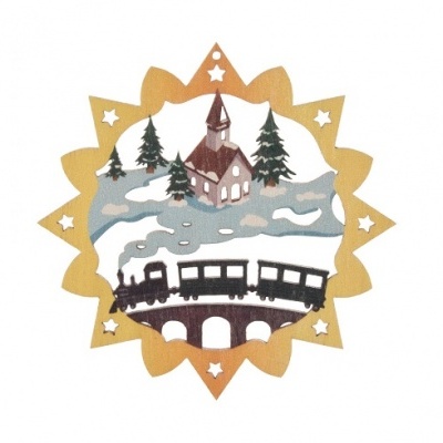 Enfeite de Natal circular em madeira com igreja, árvores e comboio em relevo