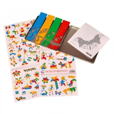 Conjunto de moldes coloridos com folhas de padrões coloridos numa caixa metálica