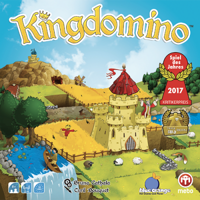 Capa do jogo Kingdomino com castelo, campo, rios e emblemas de prémios